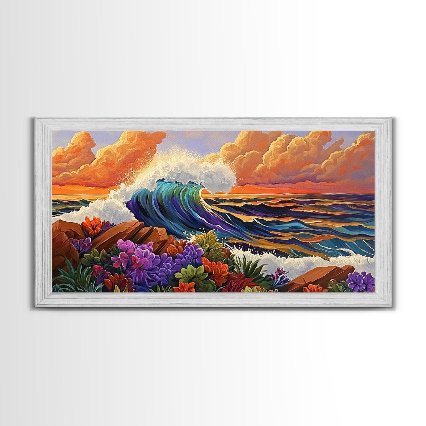 Ocean Wave, Flowers, Sunset, Framed Canvas Print, tropical seascape wall art, boho coastal decor, bathroomart, beach house piece