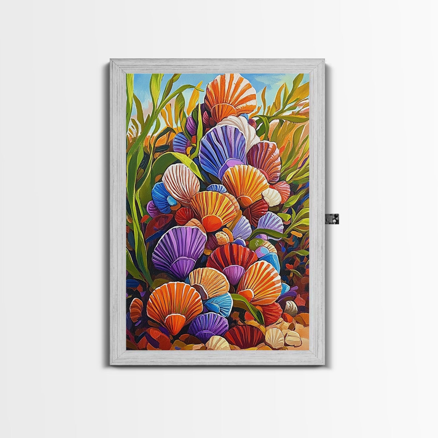 Rainbow Seashells, Coastal Treasures, Ocean Shell Art, Beach Decor, Framed Canvas Print, Bathroom Wall Art, Nautical Boho Art
