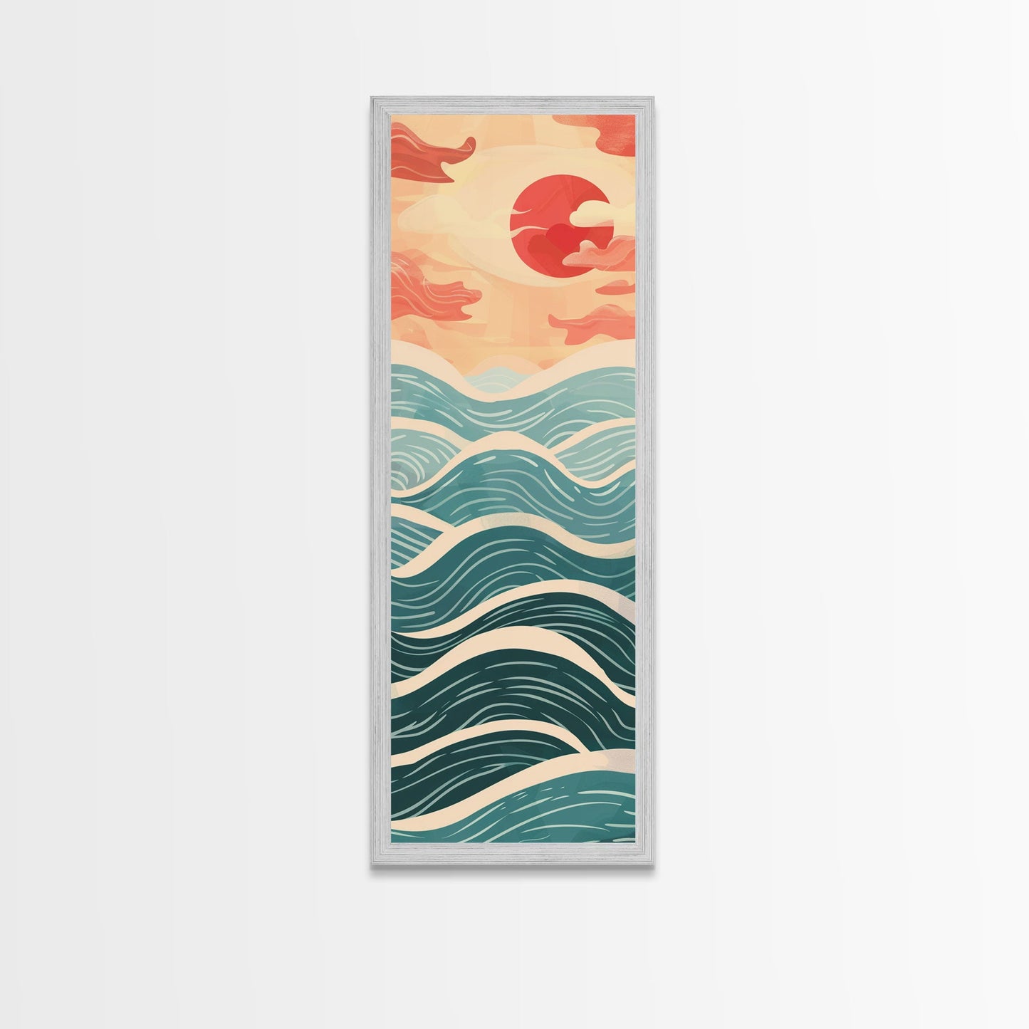 Ocean Waves and Red Sun Japanese Art Skinny Wall Art Framed Canvas Print in Minimalist Style with Dynamic Flowing Waves