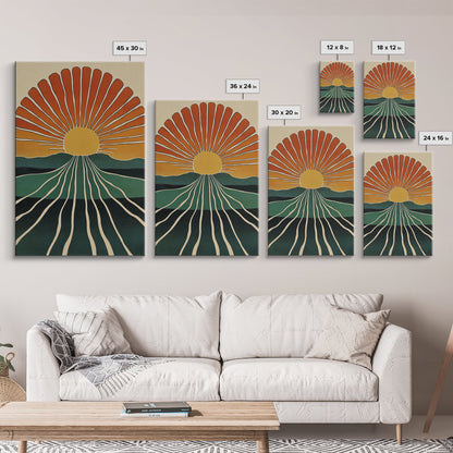 Minimalist Sunset or Sunrise Wall Art Canvas Print, Art Deco Boho Wall Decor, Modern Art, Sun Burst Wall Art