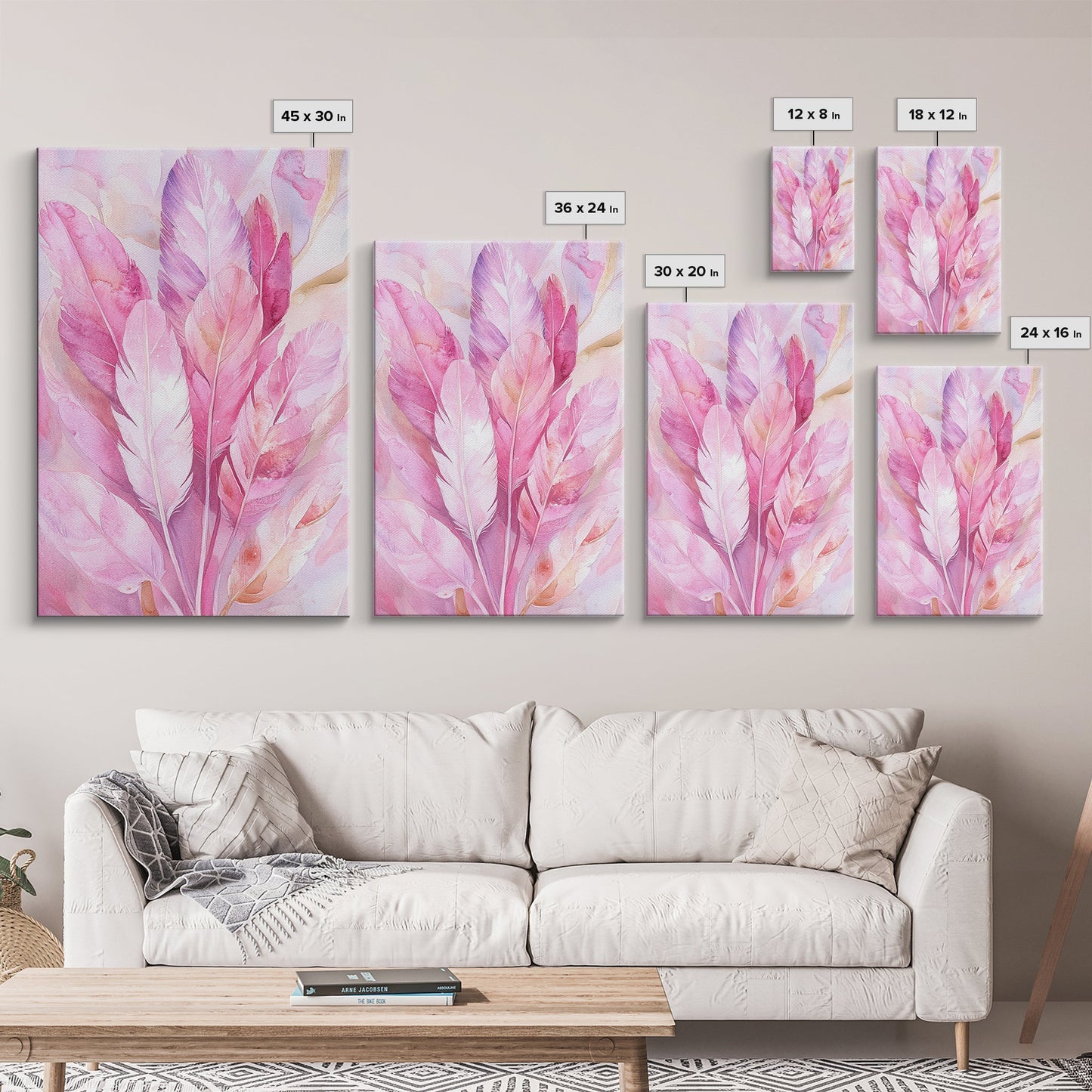 Feather Bouquet Framed Canvas Print, Light Pink Wall Art, Boho Aesthetic Minimalist Art, Bedroom or Office Decor, Romantic Nature Gift Idea