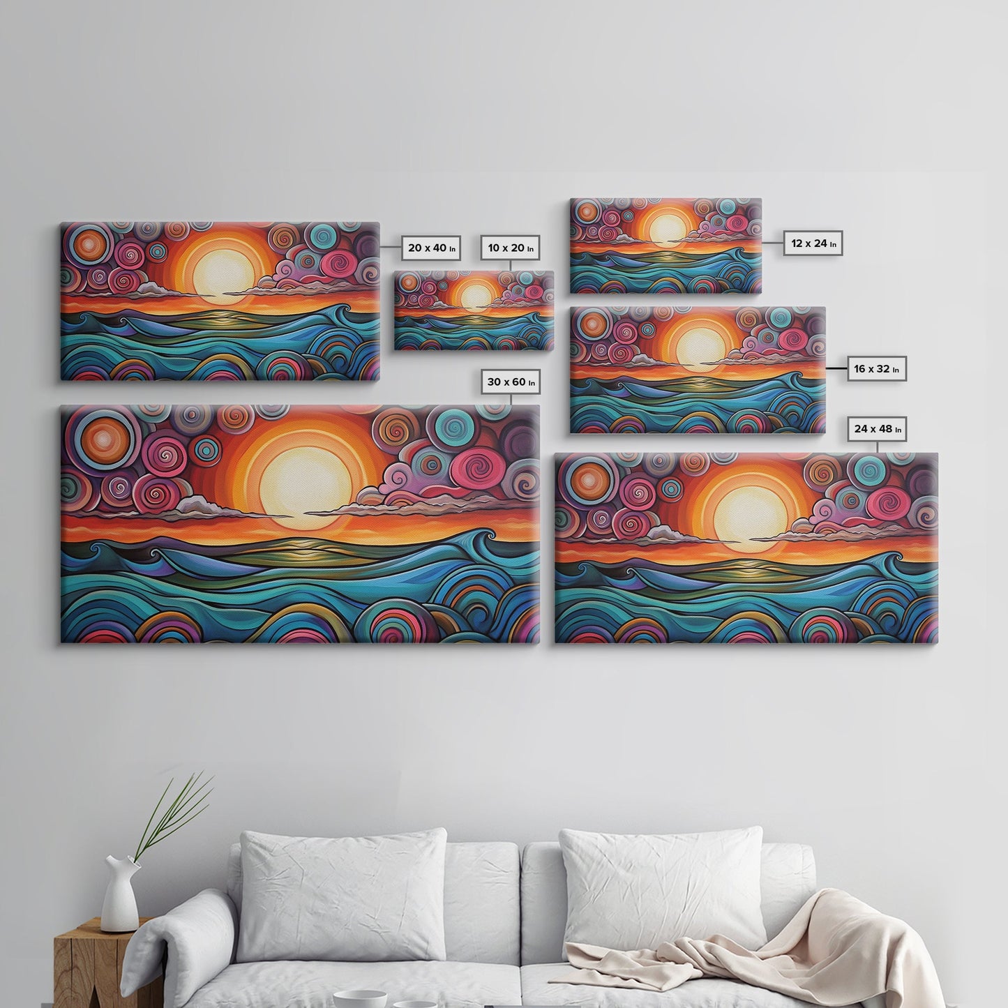 Sunset Waves, Canvas Print, surf wall art, geometric wall art, pink orange wall art, colorful abstract art, extra wide art, boho art