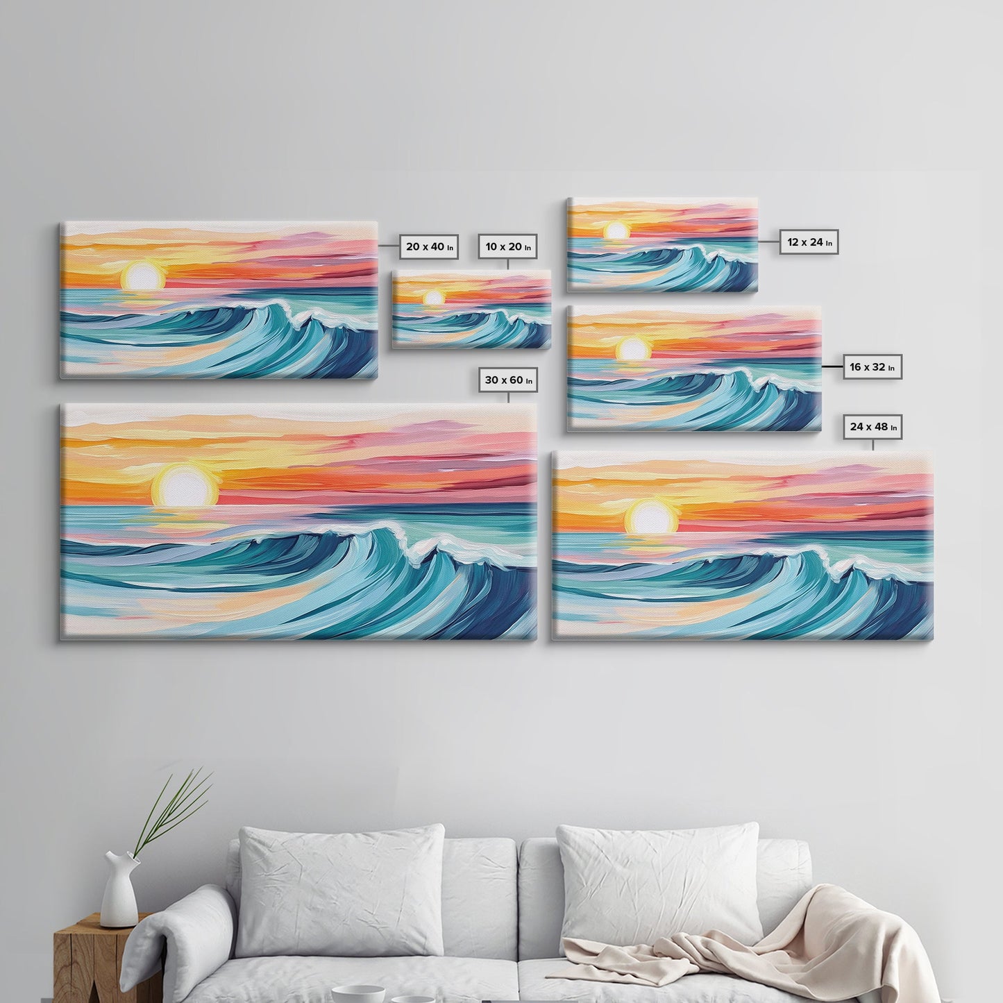 Sunset Wave, Surf Art, Coastal Painting, Nautical Wall Art, Ocean Art, Horizontal Wall Art, Framed Canvas Print, Beach Decor