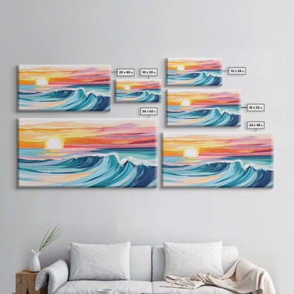 Sunset Wave, Surf Art, Coastal Painting, Nautical Wall Art, Ocean Art, Horizontal Wall Art, Framed Canvas Print, Beach Decor