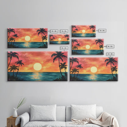Tropical Sunset, Palm Tree Art, Coastal Cowgirl Wall Art, Hawaii Art, Ocean Landscape, Horizontal Wall Art, Framed Canvas Print