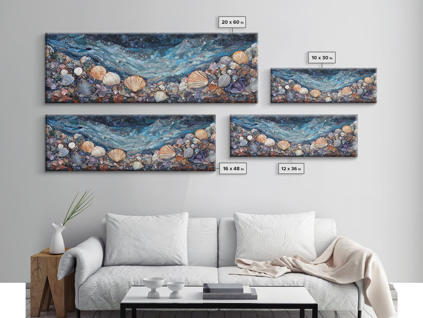 Seashell Beach Framed Canvas Print Coastal Wall Art, Ocean Inspired Artwork, Textured Nautical Painting, Tropical Home Decor
