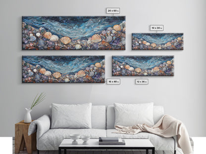 Seashell Beach Framed Canvas Print Coastal Wall Art, Ocean Inspired Artwork, Textured Nautical Painting, Tropical Home Decor