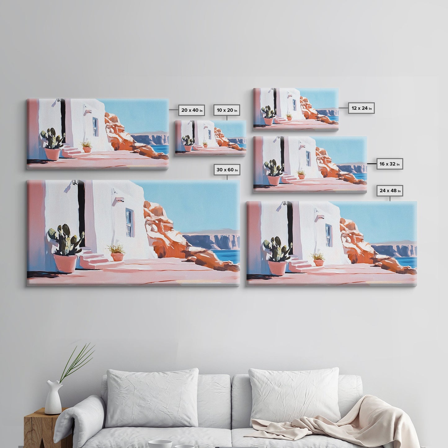 Cliffside House, Mediterranean Wall Art, Travel Print, Santorini Inspired Decor, Minimalist Aesthetic, Framed Canvas Print, Living Room