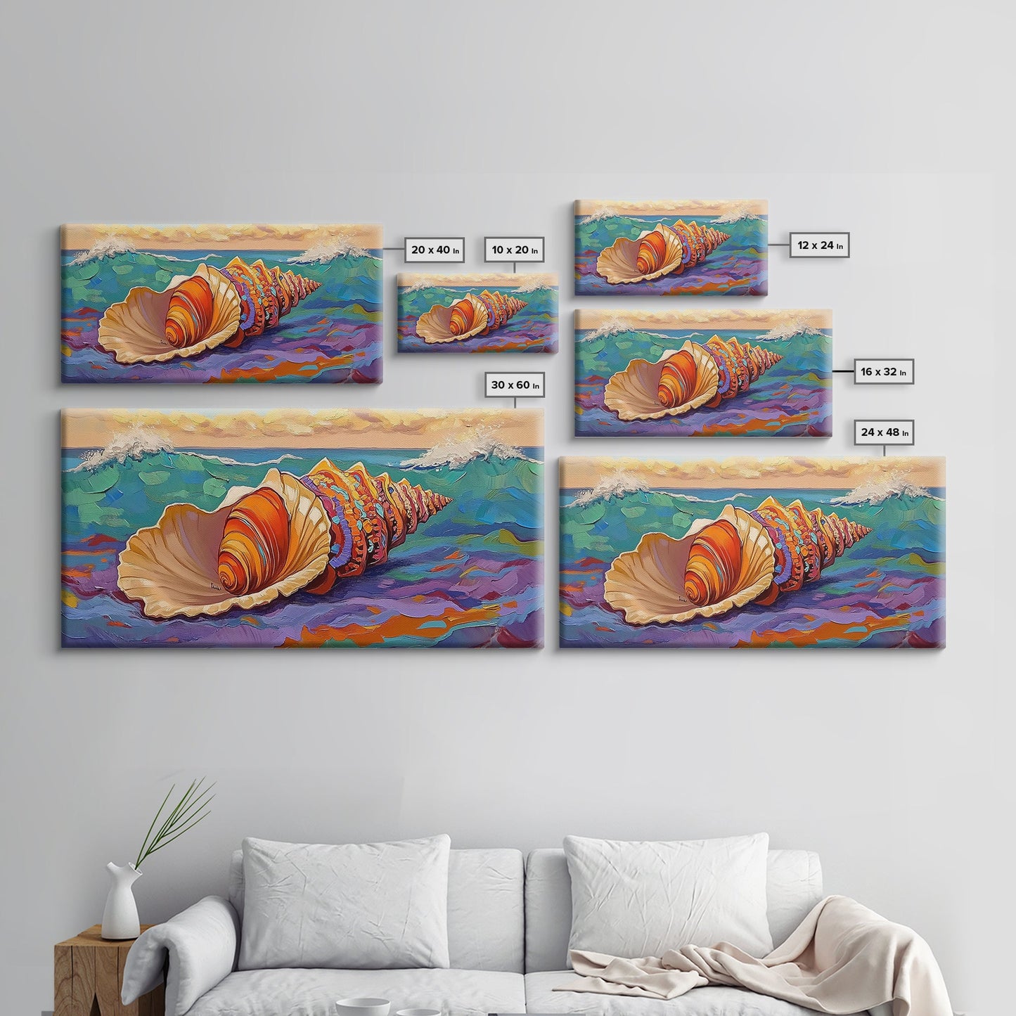 Seashell Ocean, Beach, Canvas Print, Nautical Bathroom Wall Art, Coastal Shell Decor, Vibrant Marine Painting, Seaside Home Style