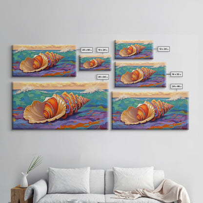 Seashell Ocean, Beach, Canvas Print, Nautical Bathroom Wall Art, Coastal Shell Decor, Vibrant Marine Painting, Seaside Home Style