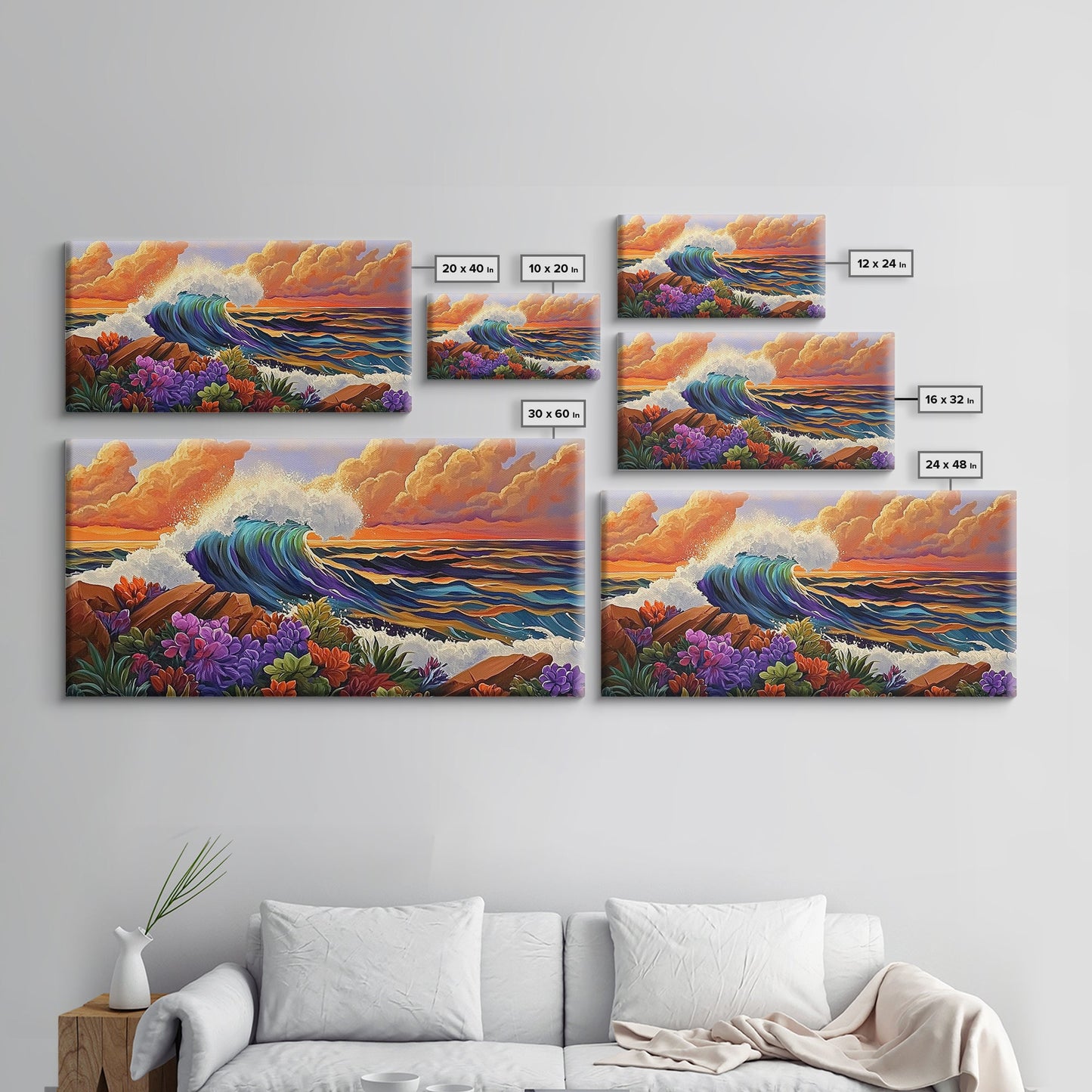Ocean Wave, Flowers, Sunset, Framed Canvas Print, tropical seascape wall art, boho coastal decor, bathroomart, beach house piece