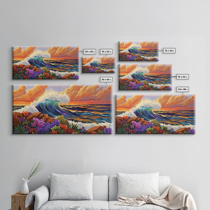 Ocean Wave, Flowers, Sunset, Framed Canvas Print, tropical seascape wall art, boho coastal decor, bathroomart, beach house piece