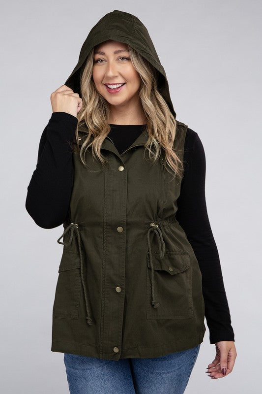 Drawstring Waist Military Hoodie Vest (Plus Sizes)