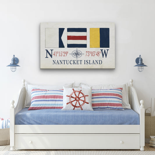 Nantucket Sign With Latitude Longitude Coordinates and ACK Maritime Flags
