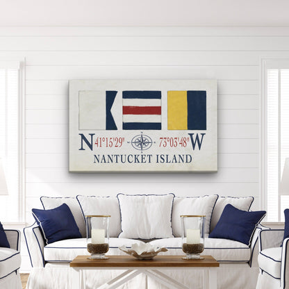 Nantucket Sign With Latitude Longitude Coordinates and ACK Maritime Flags