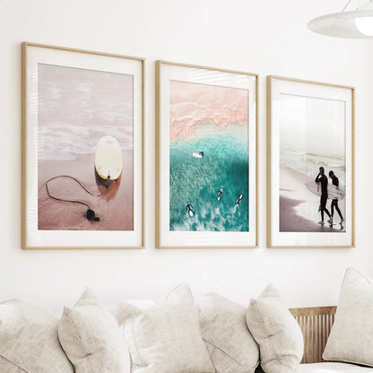 California Surfing Vibe. Beige Turquoise Coastal Prints Set