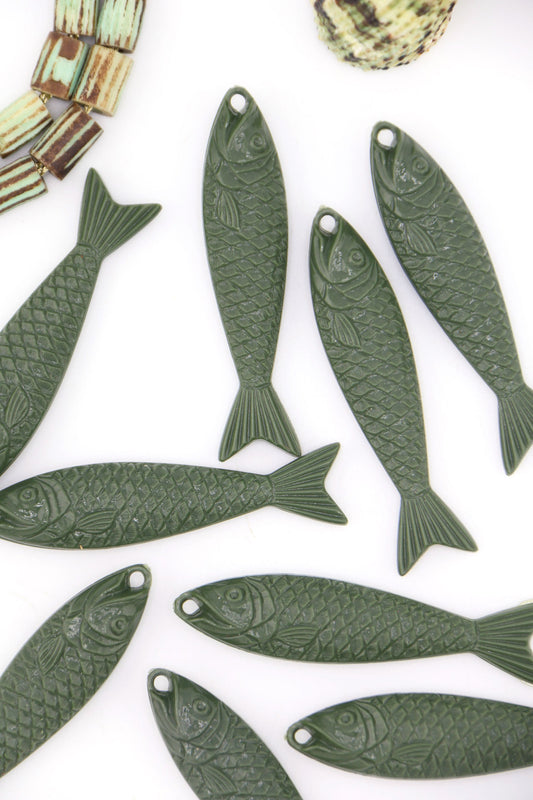 Army Green Fish Beach Charm, German Resin Amulet, 48mm, 1 Pendant