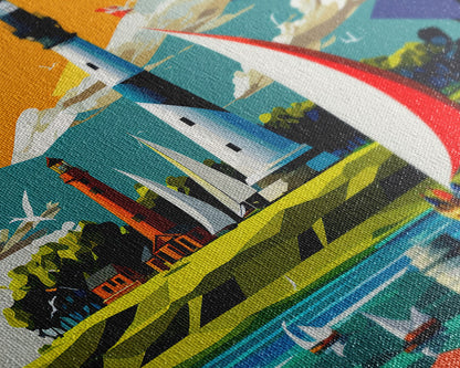 Sailboat and Lighthouse | Pop Art Style Painting Print | Framed Canvas Print | Colorful  Minimalist Art | Nautical Art