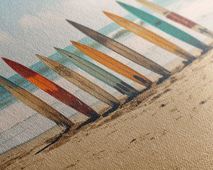 Boho Beach Decor, Framed Canvas Print, Retro Surf Boards In The Sand, Living Room Decor, Gift For Him, Surfer Gift