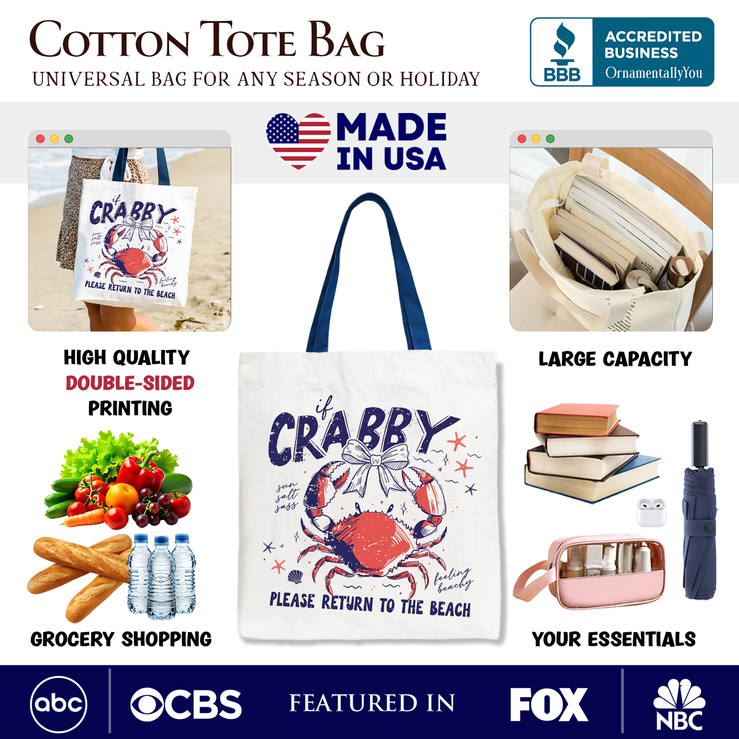 If Crabby Please Return To The Beach Funny Tote Bag, Coastal Summer Gift Shopper