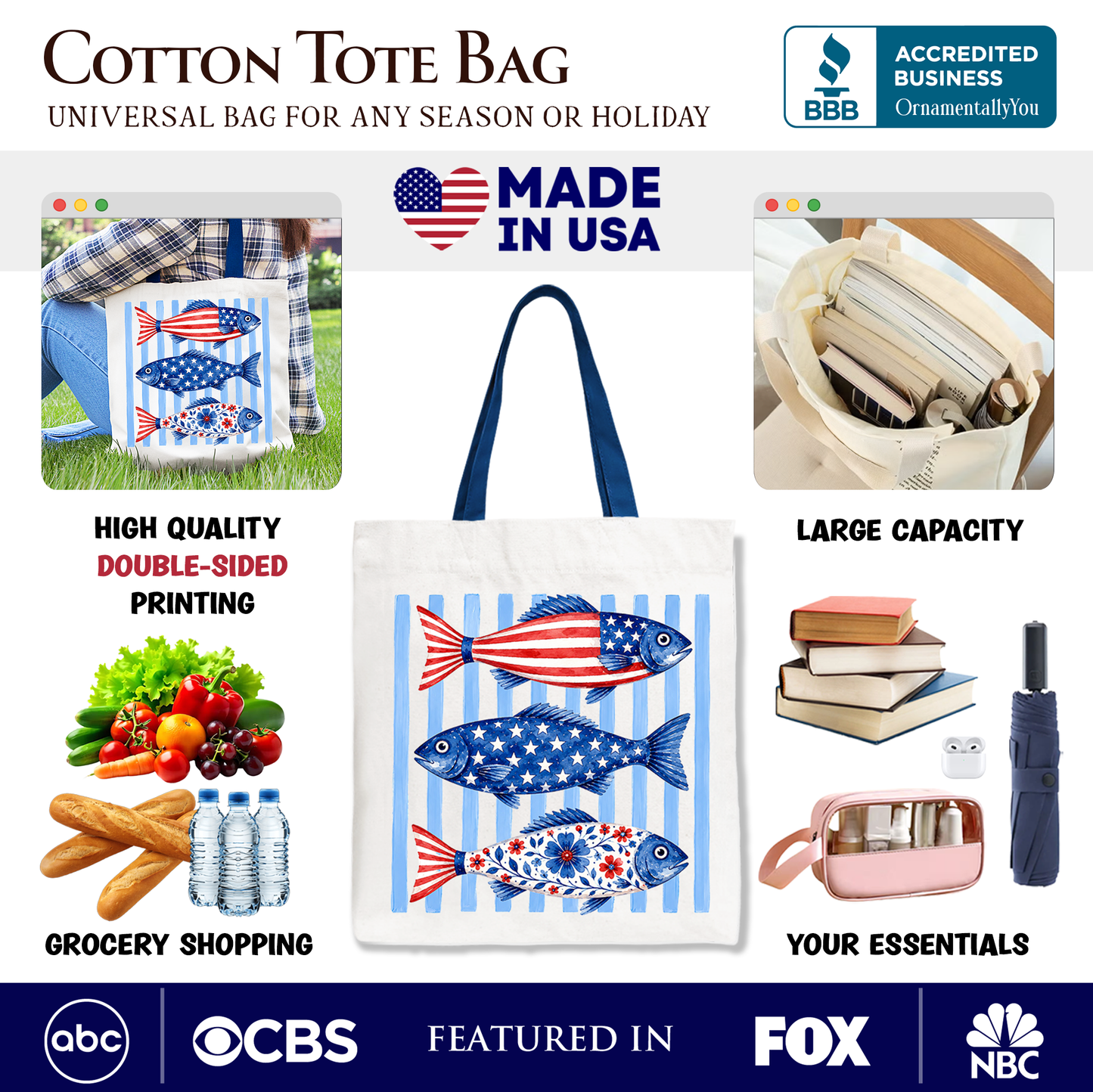 Patriotic Fish Striped Tote Bag, 4th of July Beach Gift Shopper