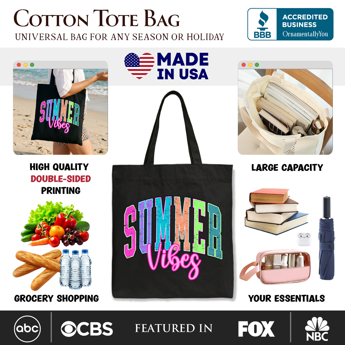 Summer Vibes Neon Varsity Tote Bag, Retro Beach Gift Shopper