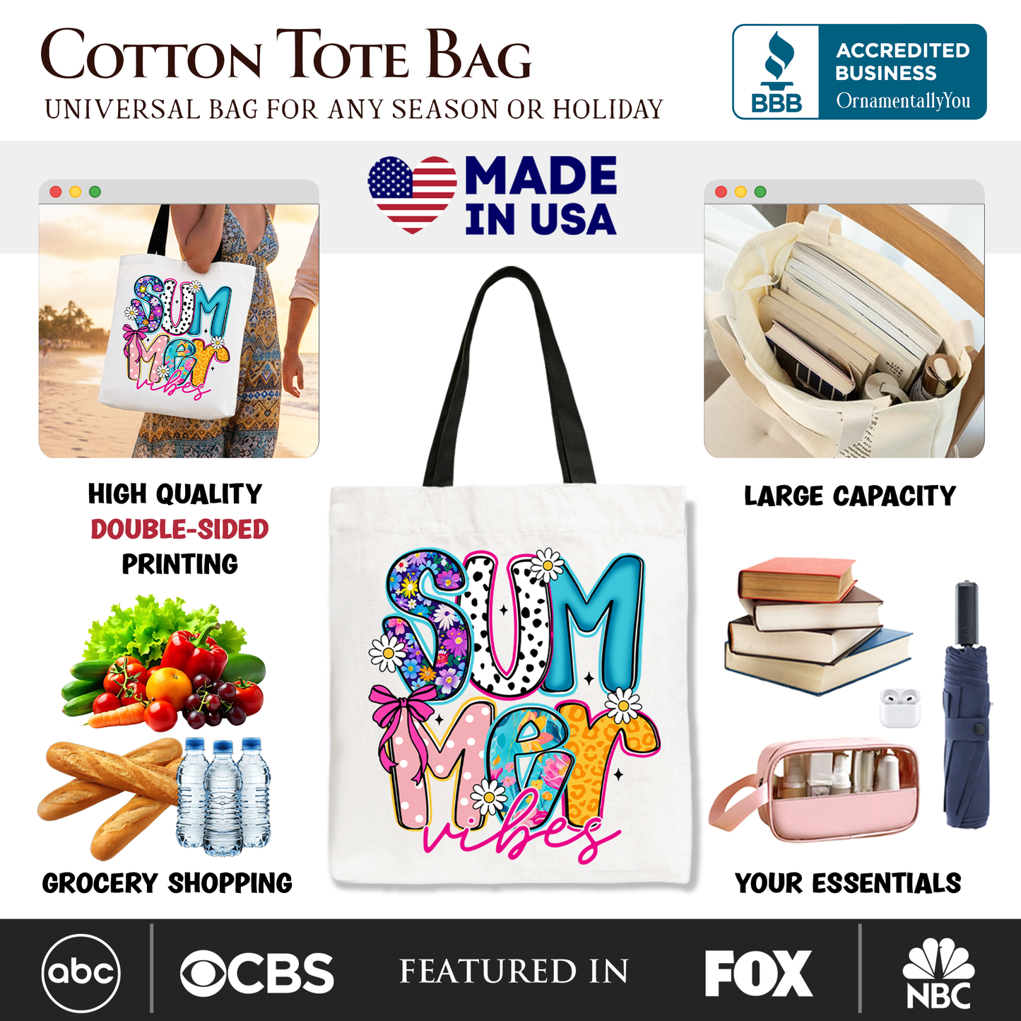 Summer Vibes Retro Floral Tote Bag, Coastal Beach Gift Shopper