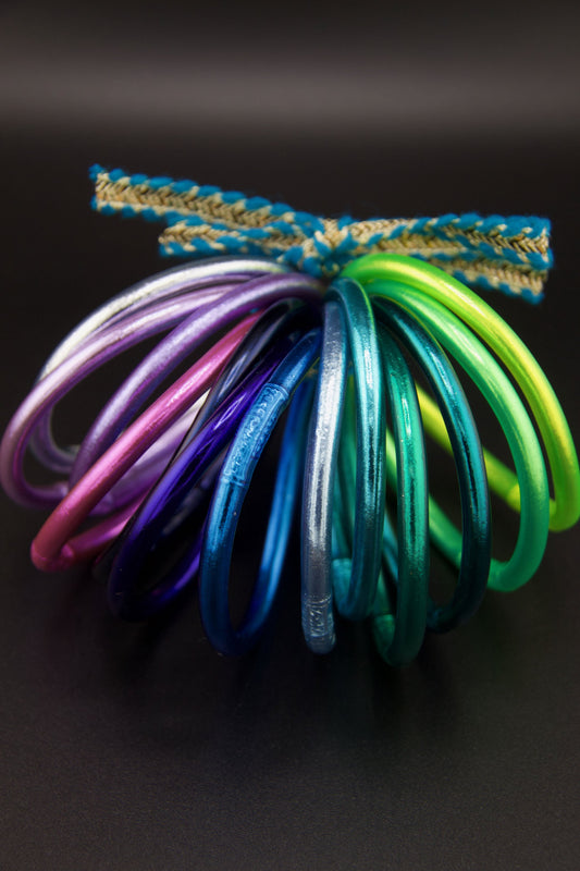 Aurora Borealis Set Thai Buddhist Temple Bracelets, Mantra Bangle, Thick, Sizes Available