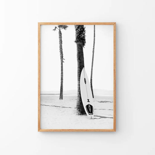Black White Boho Summer Poster. Surfboard, Palm Trees