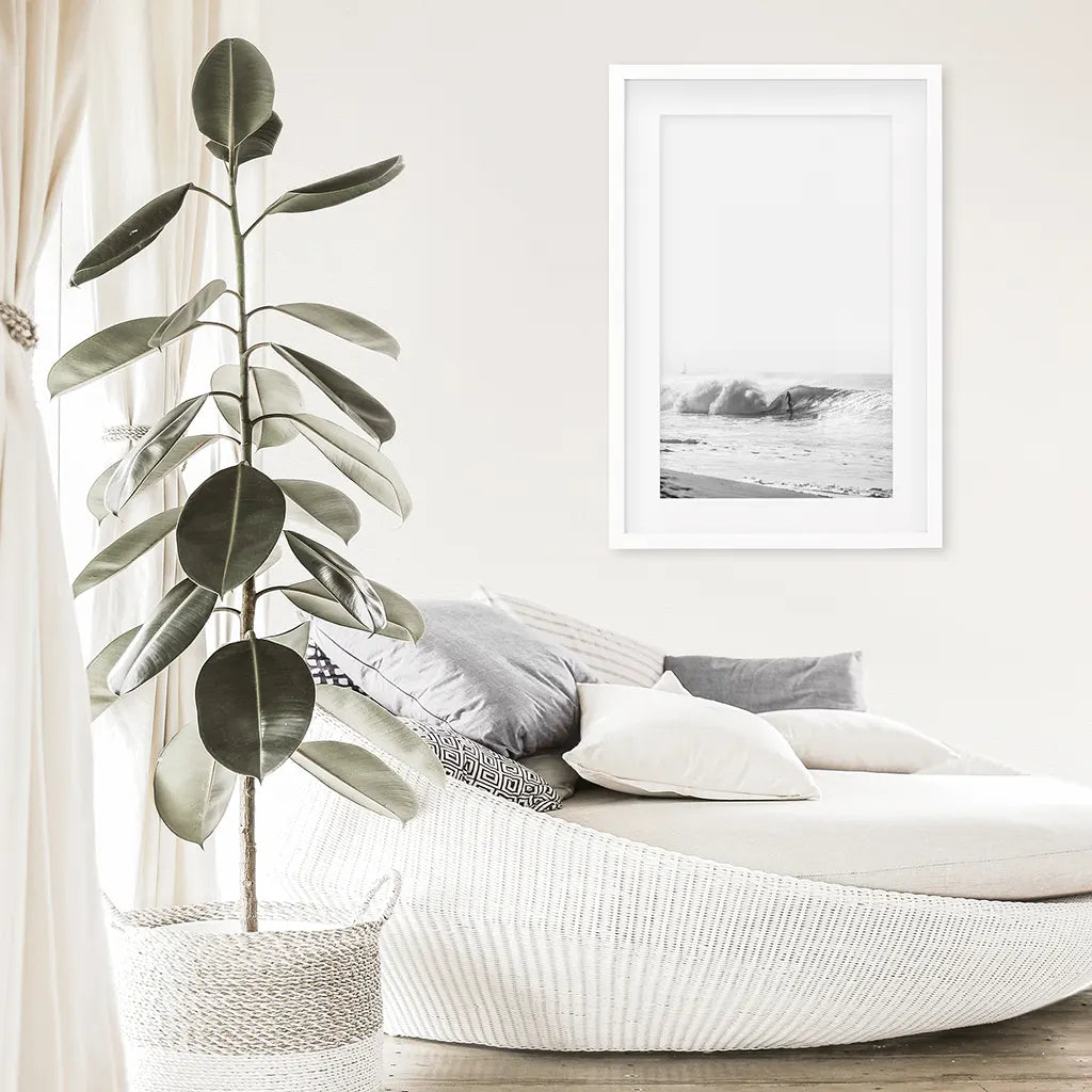Black White Boho Tropical Wall Decor. Surfer, Waves