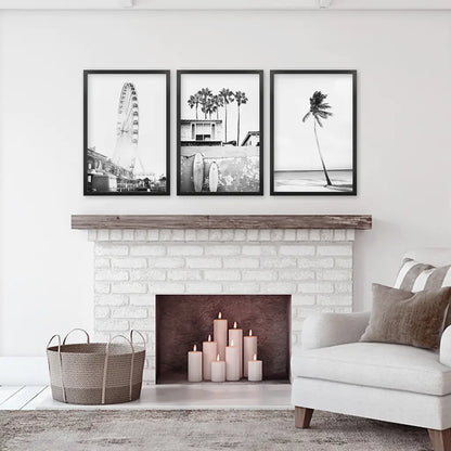 Black White Coastal Wall Art. Ferris Wheel, Surfboards, Palm