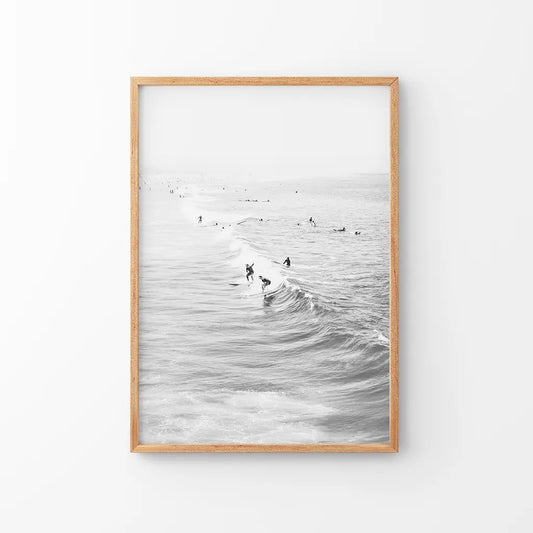 Black White Surfers on the Waves Wall Art Print