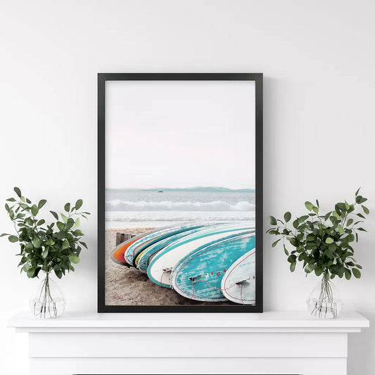 Colored Surfboards on The Beach. Ocean Surfing Print
