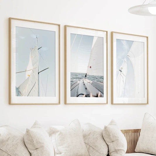 Nautical 3 Piece Wall Art. Sailing at Sea on a Yacht