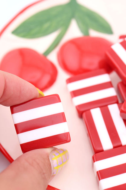 Beach Towel Stripe Red & White Italian Poly Resin Square Bead, 25mm, 1 Bead