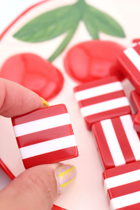 Beach Towel Stripe Red & White Italian Poly Resin Square Bead, 25mm, 1 Bead
