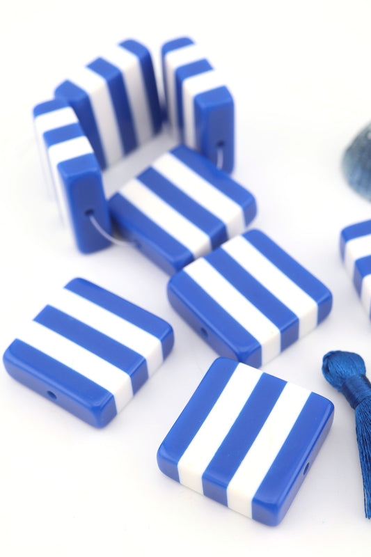 Beach Towel Stripe Blue & White Italian Poly Resin Square Bead, 25mm, 1 Bead