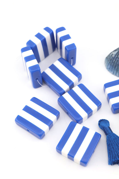 Beach Towel Stripe Blue & White Italian Poly Resin Square Bead, 25mm, 1 Bead