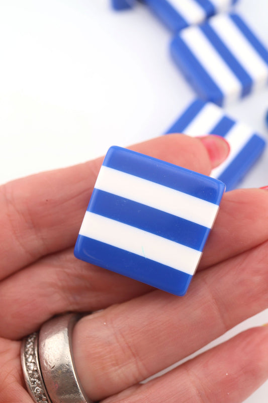 Beach Towel Stripe Blue & White Italian Poly Resin Square Bead, 25mm, 1 Bead