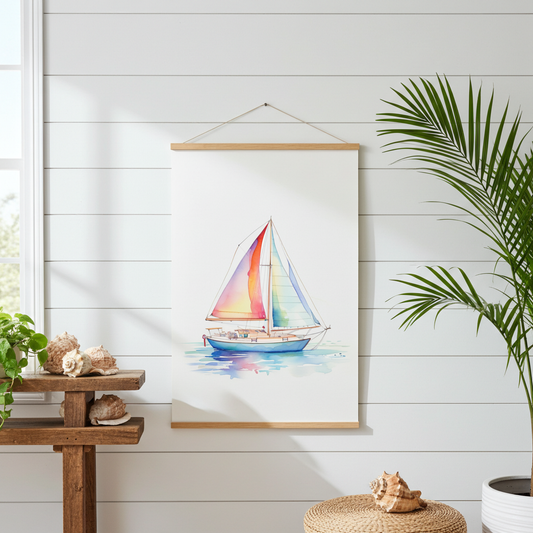 Watercolor Waves Sailboat Poster with Hanger