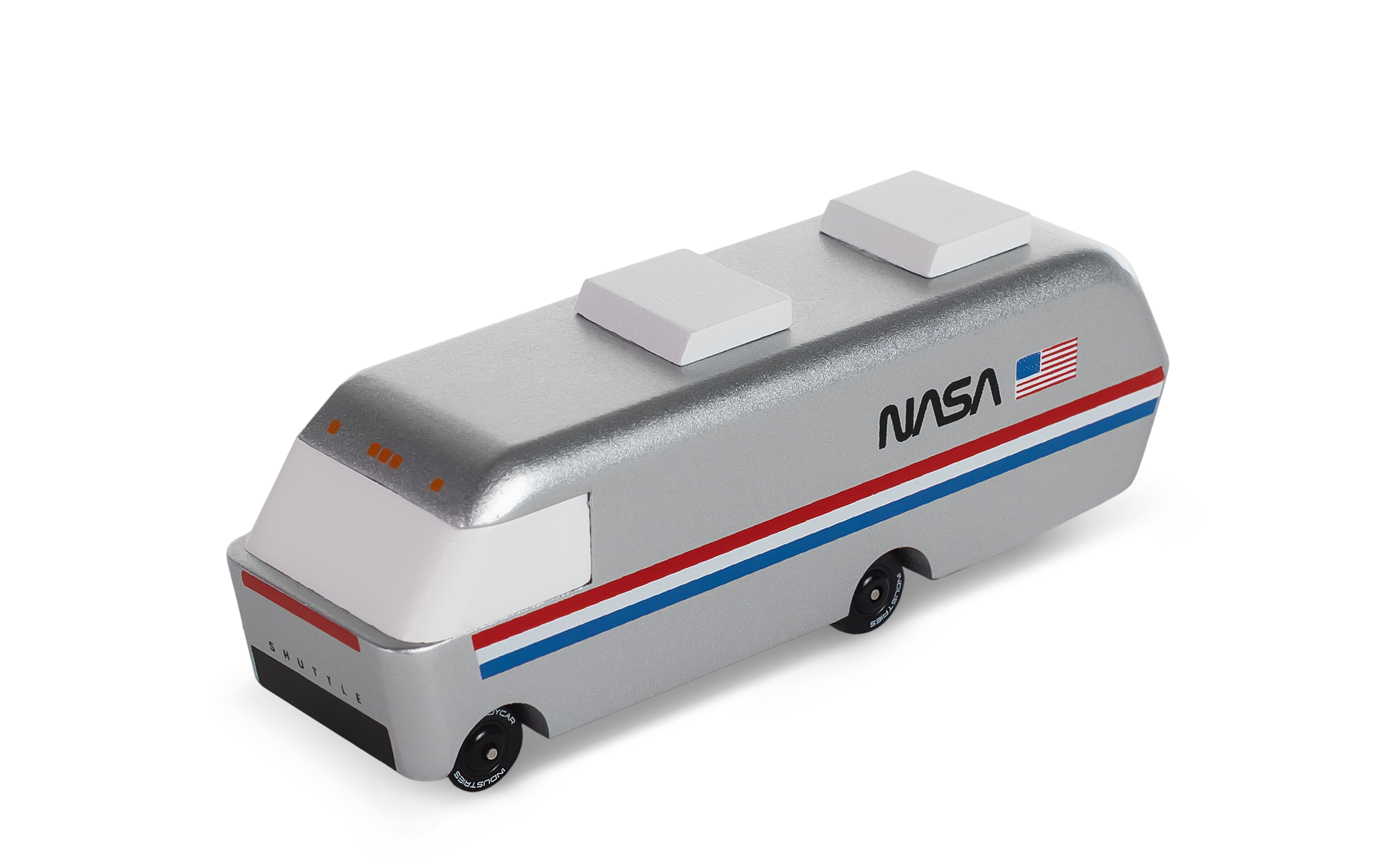 Model of a NASA vehicle with the American flag on a white background