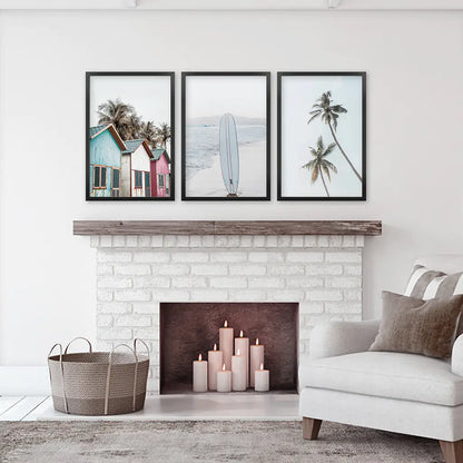 California Boho Wall Art. Surfboard, Palms, Beach, Cabins