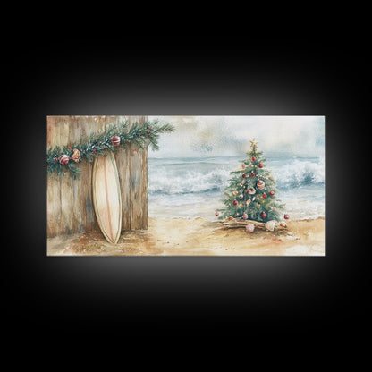 Christmas Tree On Sandy Beach With Surfboard Coastal Decor Framed Canvas Print, Beach Christmas Decor Wall Art