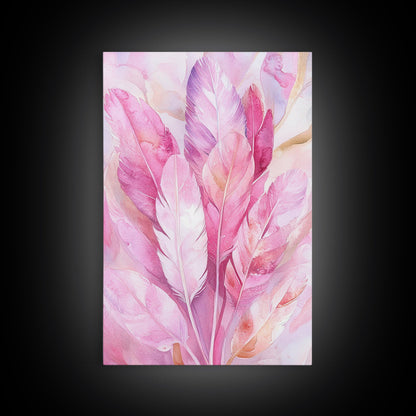 Feather Bouquet Framed Canvas Print, Light Pink Wall Art, Boho Aesthetic Minimalist Art, Bedroom or Office Decor, Romantic Nature Gift Idea