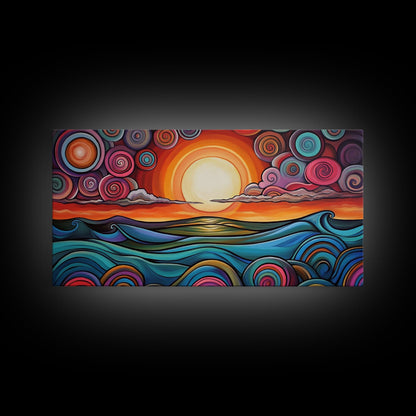 Sunset Waves, Canvas Print, surf wall art, geometric wall art, pink orange wall art, colorful abstract art, extra wide art, boho art