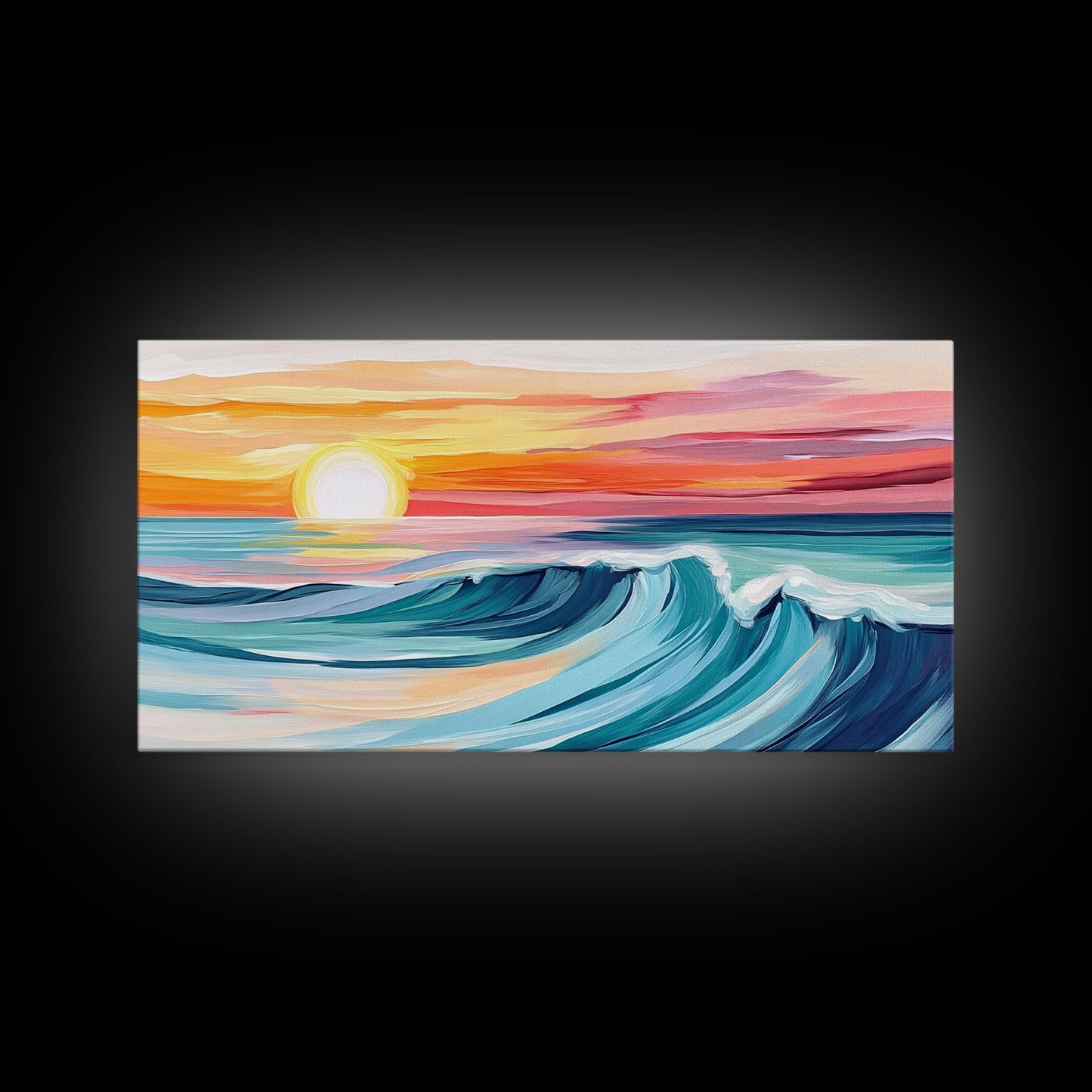 Sunset Wave, Surf Art, Coastal Painting, Nautical Wall Art, Ocean Art, Horizontal Wall Art, Framed Canvas Print, Beach Decor