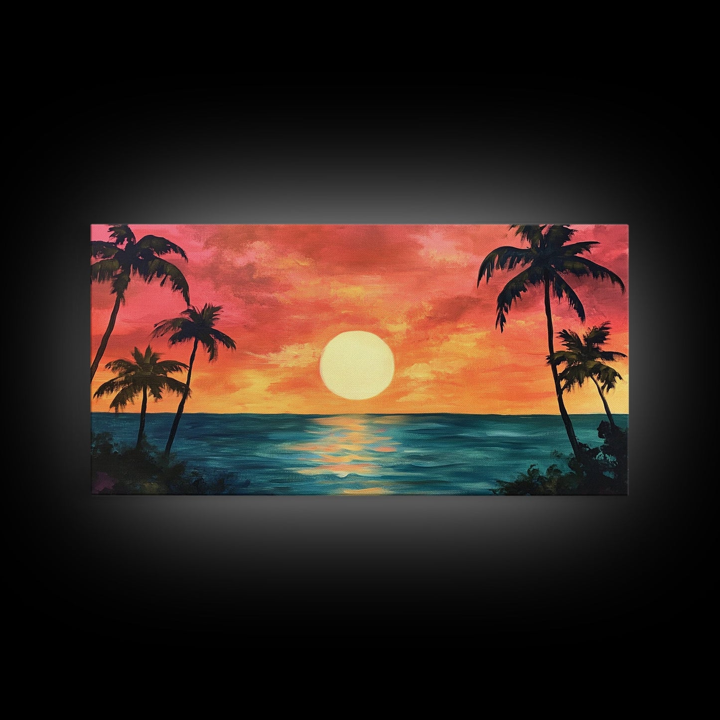 Tropical Sunset, Palm Tree Art, Coastal Cowgirl Wall Art, Hawaii Art, Ocean Landscape, Horizontal Wall Art, Framed Canvas Print