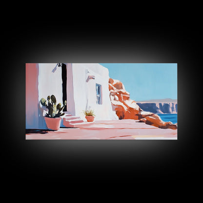 Cliffside House, Mediterranean Wall Art, Travel Print, Santorini Inspired Decor, Minimalist Aesthetic, Framed Canvas Print, Living Room