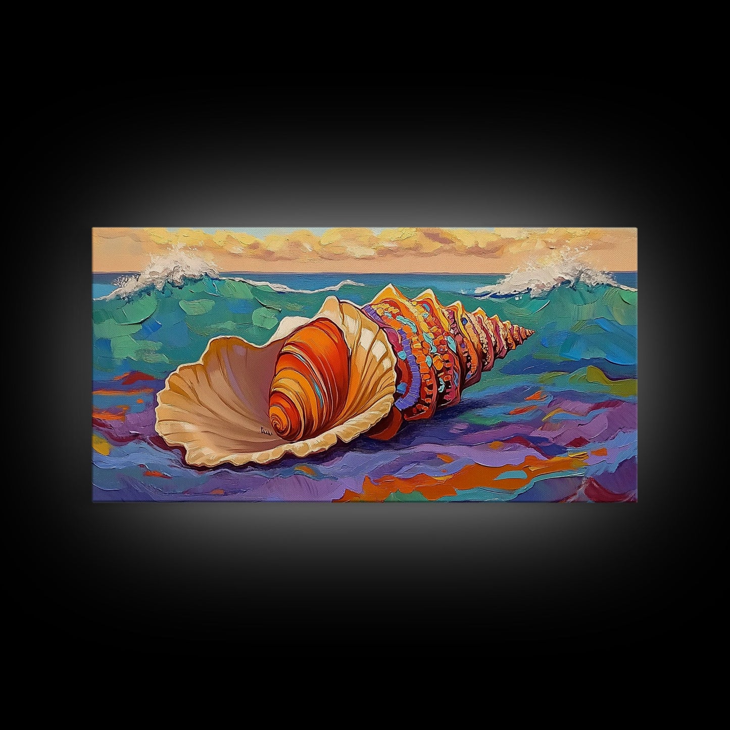 Seashell Ocean, Beach, Canvas Print, Nautical Bathroom Wall Art, Coastal Shell Decor, Vibrant Marine Painting, Seaside Home Style