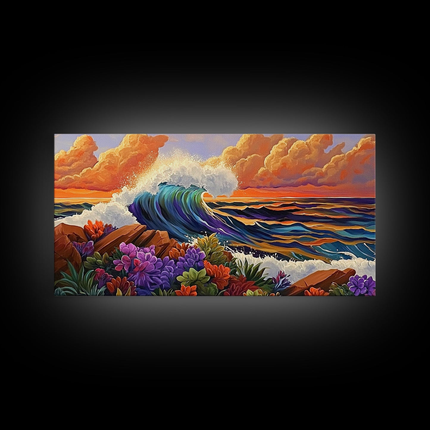 Ocean Wave, Flowers, Sunset, Framed Canvas Print, tropical seascape wall art, boho coastal decor, bathroomart, beach house piece